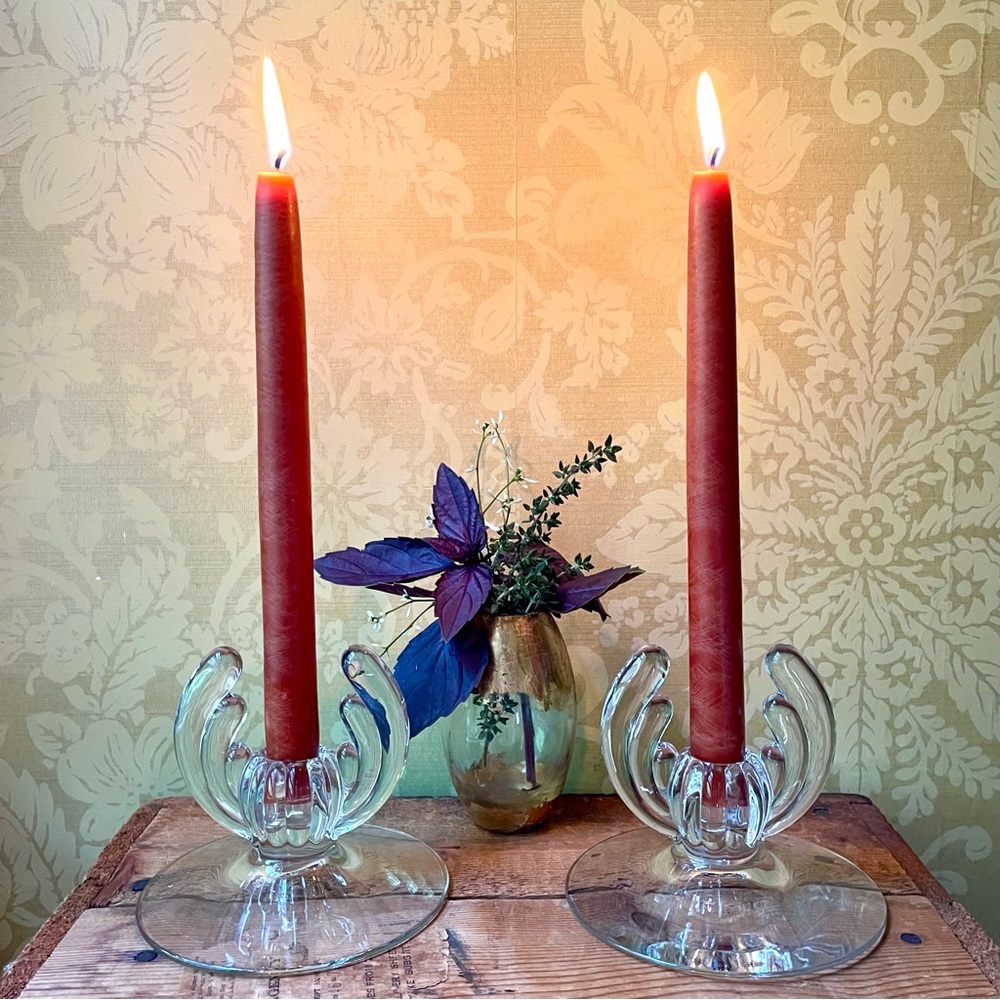 Vintage Art Deco Heisley Crystolite Glass Candlesticks with Taper Candles